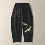 Buddha Stones Pure Cotton White Crane Clouds Pattern Drawstring Men's Tapered Pants With Pockets