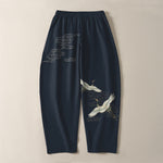 Buddha Stones Pure Cotton White Crane Clouds Pattern Drawstring Men's Tapered Pants With Pockets