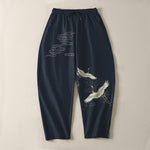 Buddha Stones Pure Cotton White Crane Clouds Pattern Drawstring Men's Tapered Pants With Pockets