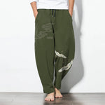 Buddha Stones Pure Cotton White Crane Clouds Pattern Drawstring Men's Tapered Pants With Pockets