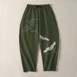 Buddha Stones Pure Cotton White Crane Clouds Pattern Drawstring Men's Tapered Pants With Pockets
