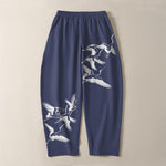 Buddha Stones Pure Cotton Flying Crane Pattern Drawstring Men's Tapered Pants With Pockets