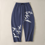 Buddha Stones Pure Cotton Flying Crane Pattern Drawstring Men's Tapered Pants With Pockets