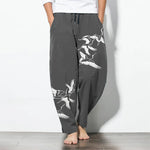 Buddha Stones Pure Cotton Flying Crane Pattern Drawstring Men's Tapered Pants With Pockets