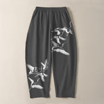 Buddha Stones Pure Cotton Flying Crane Pattern Drawstring Men's Tapered Pants With Pockets