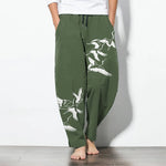Buddha Stones Pure Cotton Flying Crane Pattern Drawstring Men's Tapered Pants With Pockets