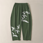 Buddha Stones Pure Cotton Flying Crane Pattern Drawstring Men's Tapered Pants With Pockets