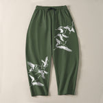 Buddha Stones Pure Cotton Flying Crane Pattern Drawstring Men's Tapered Pants With Pockets