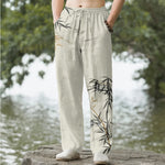 Buddha Stones Cotton Ink Bamboo Pattern Men's Tapered Pants With Pockets