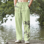 Buddha Stones Cotton Ink Bamboo Pattern Men's Tapered Pants With Pockets