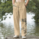 Buddha Stones Cotton Ink Bamboo Pattern Men's Tapered Pants With Pockets