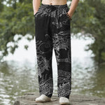 Buddha Stones Cotton Oriental Dragon Cloud Pattern Men's Tapered Pants With Pockets