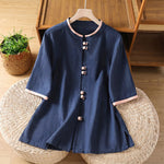 Buddha Stones Summer Tang Style Vintage Frog Button Crew Neck Contrast Women's Short Sleeve Shirts