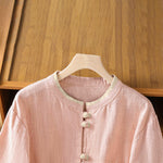 Buddha Stones Summer Tang Style Vintage Frog Button Crew Neck Contrast Women's Short Sleeve Shirts