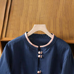 Buddha Stones Summer Tang Style Vintage Frog Button Crew Neck Contrast Women's Short Sleeve Shirts