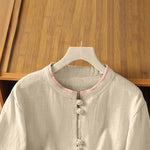 Buddha Stones Summer Tang Style Vintage Frog Button Crew Neck Contrast Women's Short Sleeve Shirts