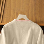 Buddha Stones Summer Tang Style Vintage Frog Button Crew Neck Contrast Women's Short Sleeve Shirts