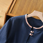 Buddha Stones Summer Tang Style Vintage Frog Button Crew Neck Contrast Women's Short Sleeve Shirts