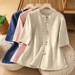 Buddha Stones Summer Tang Style Vintage Frog Button Crew Neck Contrast Women's Short Sleeve Shirts