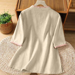 Buddha Stones Summer Tang Style Vintage Frog Button Crew Neck Contrast Women's Short Sleeve Shirts