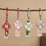 Buddha Stones Song Brocade Four Leaf Clover Fu Character Lucky Fortune Wealth Tassel Keychains