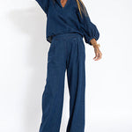Zeagoo Women's Casual Denim Two-piece Set Loose Puffed Sleeve Blouse and Wide-leg Pants