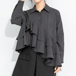 Women's Asymmetrical Double Layer Ruffle Hem Striped Shirt