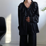 Padded Shoulder Ruffle Collar Loose Drape Shirt