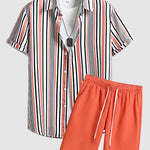 Men's color blocking striped printed casual shirt shorts set