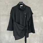 Textured Slanted Placket Tie-Strap Fake Two-Piece Shirt