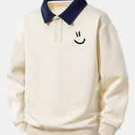 Relax Fit Smiley Face Print Contrast Polo Sweatshirt