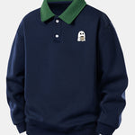 Relax Fit Ghost Drinking Coffee Print Contrast Polo Sweatshirt
