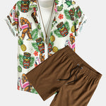 Tropical Tiki Bigfoot Print Button Up Shirt & Solid Drawstring Swim Shorts