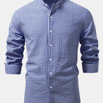 Seersucker Striped Stand Collar Shirt & Straight Leg Linen Pants