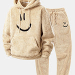 Smiley Face Embroidered Teddy Hoodie & Jogger Pants