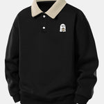 Relax Fit Ghost Drinking Coffee Print Contrast Polo Sweatshirt
