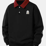 Relax Fit Ghost Drinking Coffee Print Contrast Polo Sweatshirt