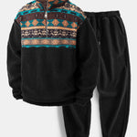 Relax Fit Quarter Zip Ethnic Geometric Patchwork Teddy Sweatshirt & Teddy Fleece Jogger Pants
