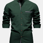 Contrast Trim Linen Look Stand Collar Shirt