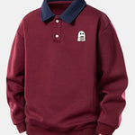 Relax Fit Ghost Drinking Coffee Print Contrast Polo Sweatshirt