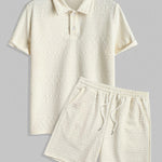 Geometric Retro Jacquard Polo + Casual Shorts 2-piece set-Beige
