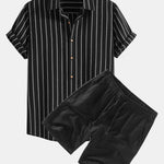 Cotton Blend Striped Button Up Shirt & Linen Drawstring Shorts