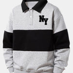 Relax Fit NY Print Color Block Polo Collar Sweatshirt