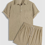 Men's Corduroy Half Button Short Sleeve Shirt Casual Shorts Set
