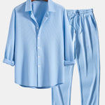 Long Sleeve Muscle Fit Ribbed Button Up Shirt & Straight Leg Ribbed Pants