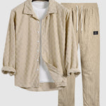 Men's textured plaid terry casual long-sleeved shirt and corduroy pants set