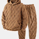 Relax Fit Checkerboard Kangaroo Pocket Teddy Hoodie & Jogger Pants