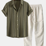 Geometric Striped Jacquard Button Up Shirt & Straight Leg Linen Pants