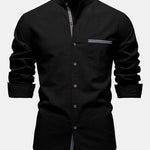 Contrast Trim Linen Look Stand Collar Shirt