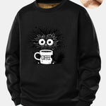 Black Cat Drinking Coffee Print Teddy Fleece Lined Sweatshirt